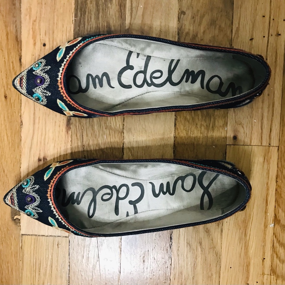 Sam Edelman Devon Embroidered Denim Pointed Flats size 6.5 size 7.5